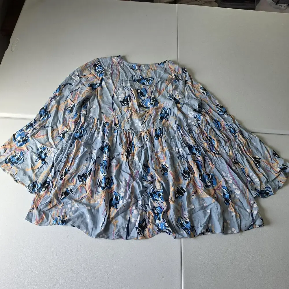 Free People Dress Womens M Blue Floral Boho Mini Swing Trapeze V Neck Fairy